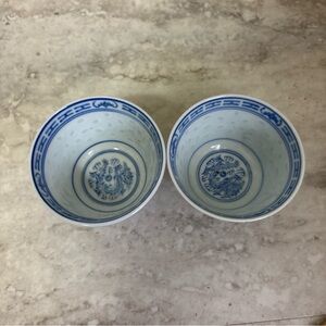 Pair of Chinese Vintage /Antique rice grain porcelain bowls- Blue  White Dragon